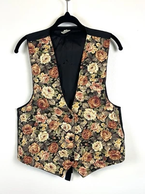 Vintage 80s 90s M/L Tapestry Dark Floral Vest Brocade Cottagecore Fall Rose — 第 1/4 张图片