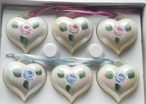 6 Heart Shaped Hand Painted Rose Plastic Ornaments Iridescent Ivory Kurt Adler - Picture 1 of 10