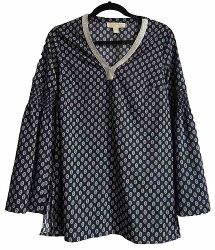 Tunica Michael Kors taglia S M donna blu navy argento medaglione manica svasata collo a V