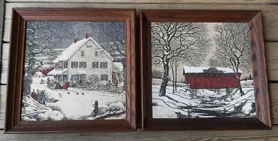 2 Kay Dee Linen HandPrint Linen Framed Winter Barn & Covered Bridge 16" by 16" - Image 1 of 4