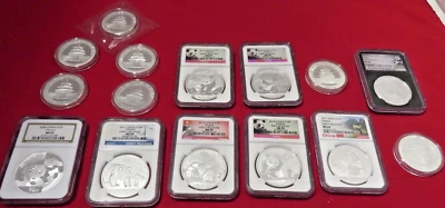 15 ea.  .999 silver China Pandas 2005 thru 2019 NGC MS69 MS70 1 oz Silver 10Y MT - Image 1 of 4