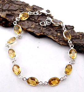 6.10 GM 925 Plata de Ley Natural Citrino Corte Piedra Pulsera Fina 8.2" M-1754 - Imagen 1 de 2