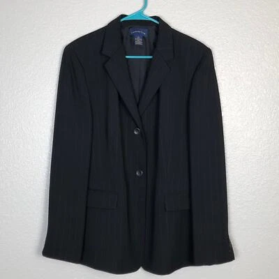 Charter Club Black Long Sleeve Blazer Grey Striped Size 16 Lined Button Front  - Image 1 of 4