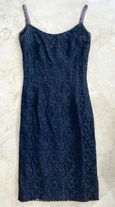 Vintage LILLI DIAMOND BLACK LACE PENCIL COCKTAIL DRESS RHINESTONE STRAPS 1950 S - Picture 1 of 10