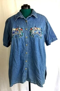 Just My Size Blue Denim Short Sleeve Women's Shirt Top Tunic Embroidered Bears  - Picture 1 of 7