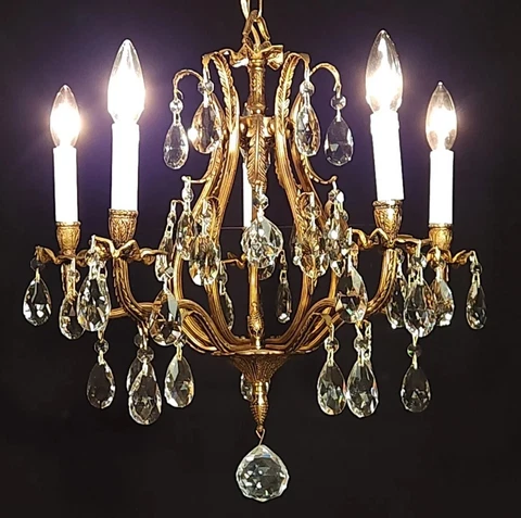 Antique French 5 Lite Bronze Dark Patina ART Nouveau Birdcage Crystal Chandelier Cover