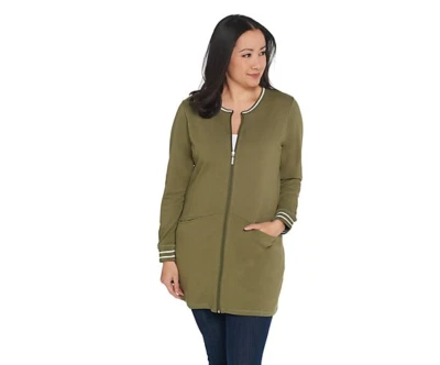 Denim & Co активный маленький молнии спереди туника куртка в полоску ребра отделки оливковый 3XP - Изображение 1 из 3