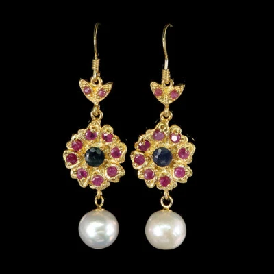 Pendientes de plata de ley 925 redondos zafiro rubí perlas piedras preciosas joyería Foto 1 de 4