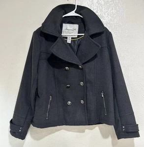 Vintage American Rag Wool Gray Pea Coat Womens XL Cropped Trench Coat Hooded Y2K - Picture 1 of 9