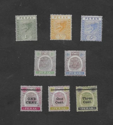 PERAK 8xDIFF'T 1892-1900 'TIGER' STAMPS MH INC 8c & 3c on 50c c£65+ - Image 1 of 2