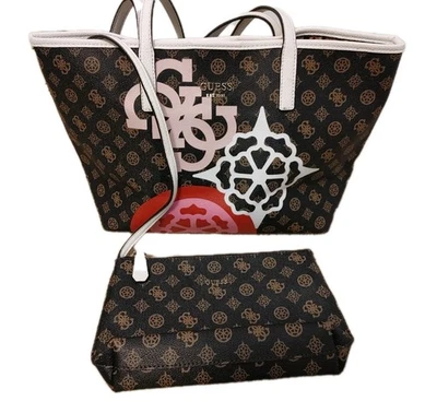 GUESS Vikky сумка с короткими ручками с кошельком комплект логотип монограмма коричневый / розовый сумочка Дамская сумка L - Изображение 1 из 4