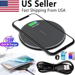 15W Fast Wireless Charger Pad for iPhone Samsung Android Phones w/ Type-C Cable - Picture 1 of 15