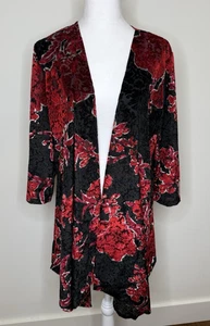 Velvet Burnout Kimono Cardigan L Black Red Floral Dark Romantic Vamp Asymmetric - Picture 1 of 6