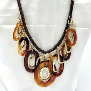 Faux Tortoise Shell/Amber Bib Chain Leather Cord Beaded 23" Necklace by Chicos - Picture 1 of 7
