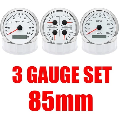 3 Gauge Set 85MM GPS Speedometer 200KM/H Tacho Fuel Level Temp Volt Oil Pressure - Image 1 of 4