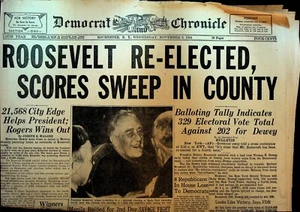 Zweiter Weltkrieg Zeitung Rochester Demokrat & Chronik 8. November 1944 FDR wiedergewählt - Bild 1 von 2