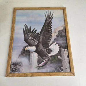 Vtg Framed Wall Art Print Flying Bald Eagle w/ Trout 21"x17" - Picture 1 of 8