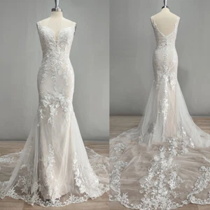 Mermaid Wedding Dress Backless Lace Applique Train Spaghetti Straps Bridal Gown - Picture 1 of 11