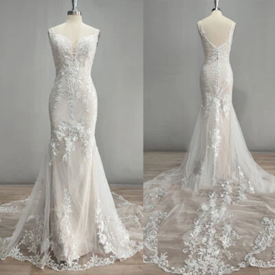 Mermaid Wedding Dress Backless Lace Applique Train Spaghetti Straps Bridal Gown - Image 1 of 4