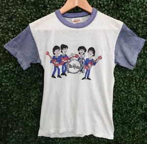 The Beatles Cartoon 70s 80s Vintage Single Stitch Band Ringer T-Shirt Adult Sz S - Picture 1 of 13