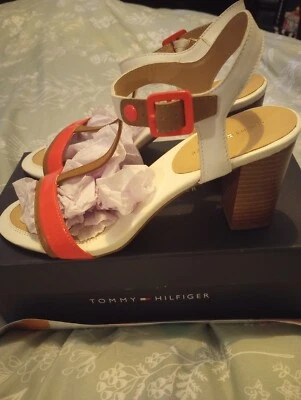 Tommy Hilfiger Zapatos Mujer 8 Nuevo Tacón Cuadrado T Correa Multicolor Cuero! Foto 1 de 4