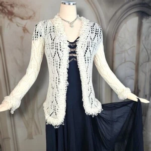 Crochet Knit Cardigan Vintage Jacket Snowy White Ruffled Sweater 1970s 1960s - Picture 1 of 10