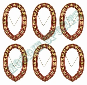 MASONIC REGALIA SHRINER RHINESTONE Chain Collar Golden On Red Velvet Set of 6 - Picture 1 of 5