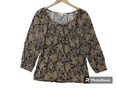 Sz L Michael Kors Top ELASTIC HEM & CUFFS Women's Paisley Brown Boho Blouse - Image 1 of 4