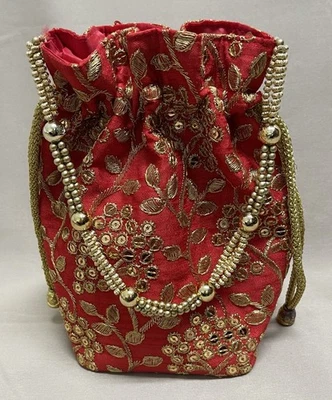 Bolsa feminina Potli elegante festa noite bolsa de mão clutch bordada dourada vermelha - Imagem 1 de 4