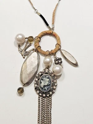 Eclectic Silvertone Pendant Necklace Cameo Mixed Charms Steampunk Gothic Boho - Image 1 of 4