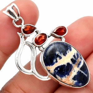 Natural Sodalite & Garnet 925 Sterling Silver Pendant Jewelry P-1290 - Picture 1 of 5