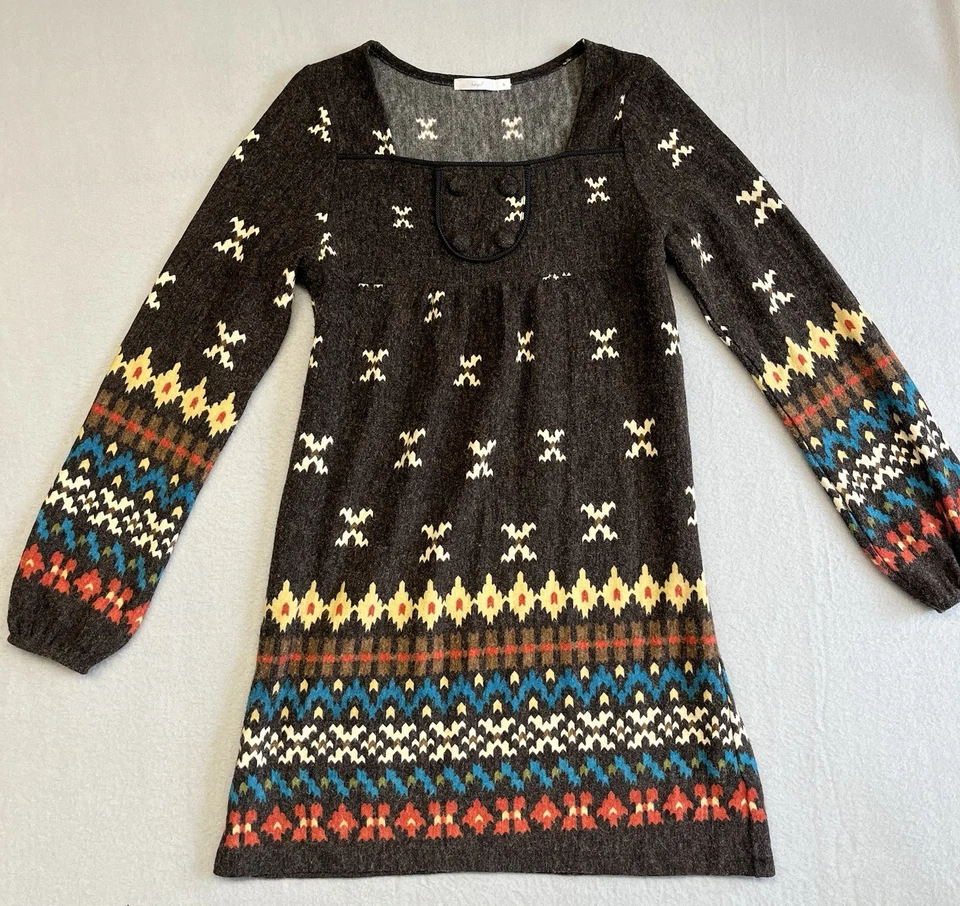 Vestido Hazel Anthropologie Talla Pequeña Marrón Cuello Cuadrado Manga Larga Mezcla Lana Foto 1 de 4