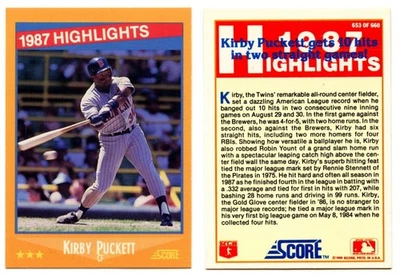 1988 Score #653 * Kirby Puckett * 1987 Highlights * Minnesota Twins - Image 1 of 3