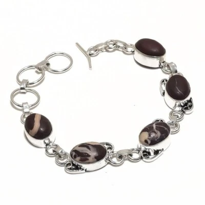 Natural Cocoa Jaspar Gemstone Chain Bracelet 925 Sterling Silver For Women - Image 1 of 4