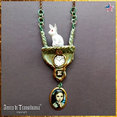 White Rabbit Alice in Wonderland Jewellery Necklace Pendant Art Deco Cameo Doll - Image 1 of 4