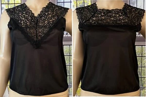 Vtg Metropolitan L 40 Black Wide Floral Lace Tank Reversible Cami Lingerie USA - Bild 1 von 10