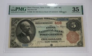 1882 PMG VF 35 Fr 466 PORT CHESTER NEW YORK $5 FNB Charter 402 Brown Note 35728F - Picture 1 of 2