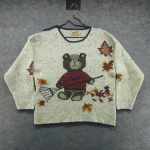 VTG Woolrich Sweater Womens Large Beige Teddy Bear Rake Leaf Wool Blend 90s Y2K - Picture 1 of 20