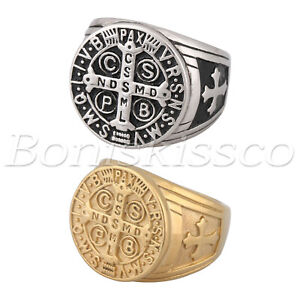 Men's Stainless Steel/Yellow Gold Plated St Benedict Exorcism Demon Protect Ring