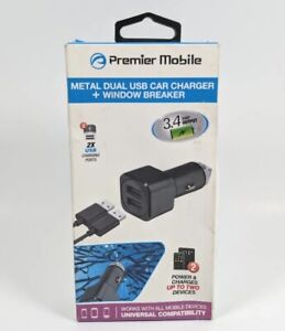 Premier Mobile Metal Dual USB Car Charger + Window Breaker 3.4A Universal Phone