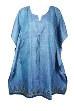 Boho Blue Mid Calf Kaftan Dress Beach Coverup Resort Wear Housedress Caftan 3X