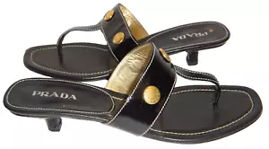 PRADA Milano ITALY Sandals Kitten Heel Thongs Black Patent Leather US Size 10 - Picture 1 of 18