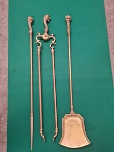 19th c. Brass Fire Irons With Lion Heads - Picture 1 of 9