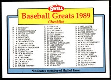 1989 Swell Baseball Greats 135 Checklist Card