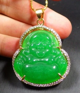 Green Genuine Jade Imitation Diamond Buddha Blessing 18KGP Pendant Necklace - Picture 1 of 7