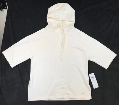 NWT Alo Yoga Women's Falls Short Sleeve Pullover Hoodie White Sweatshirt, Size M - Image 1 of 4