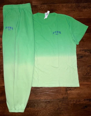 Victoria's Secret Rosa Ombre Dip Dye Campus Camiseta + Conjunto Pantalones Verde Pétalo Pálido L Foto 1 de 4