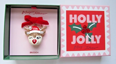 Betsey Johnson Jingle Bell  Crystal Pearl Bling Reindeer Brooch Pin NEW BOX $58 - Image 1 of 4
