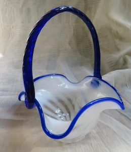Fenton 80th Anniversary Blue Ridge Cobalt Blue & White Swirl Glass Basket - Picture 1 of 4