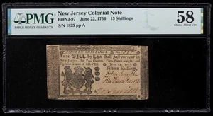 June 22, 1756 New Jersey 15 Shillings Colonial Note, NJ-97, PMG 58 - Picture 1 of 2
